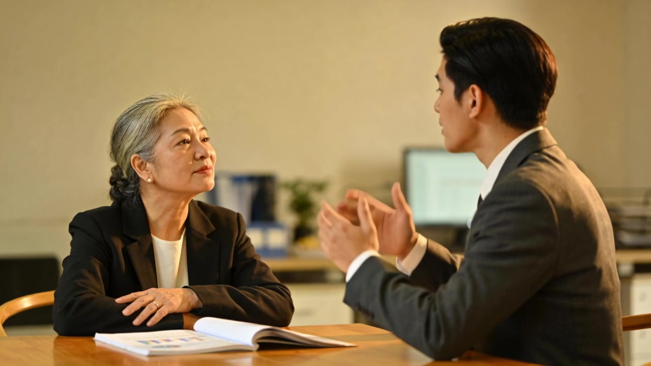 Un uomo asiatico in abito spiega al tavolo dell'ufficio mentre una donna anziana in blazer ascolta, tenendo un opuscolo.