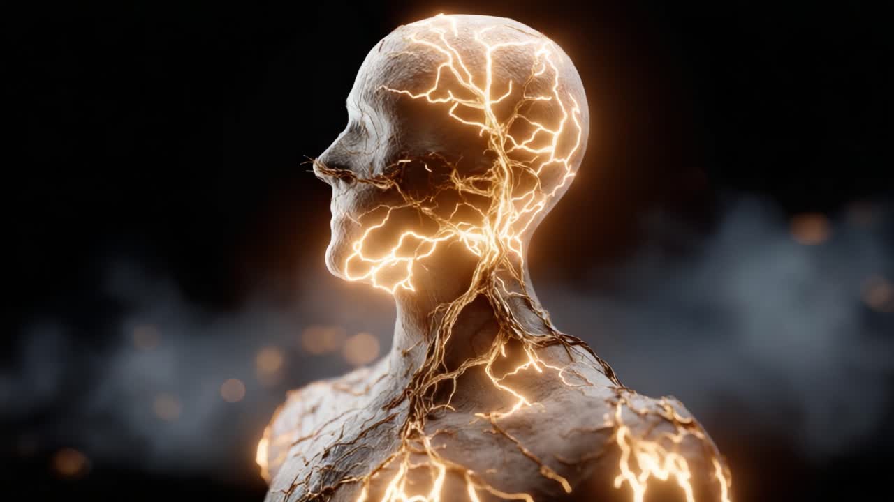 A captivating transformation of a human-like figure, showcasing striking textures and glowing energy coursing through its form, representing the journey from raw materials to life-like presence