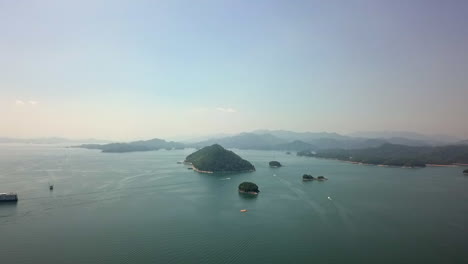 aerial: a few of the thousand islands in man-made xinanjiang reservoir