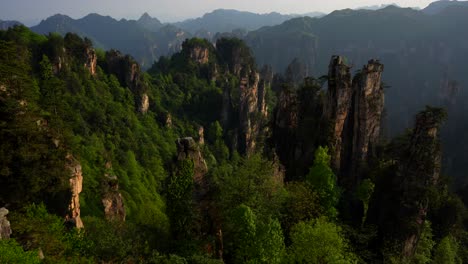 tall rock pillars rise above lush green forests in tianzi mountains at sunset, china. pan left, 4k