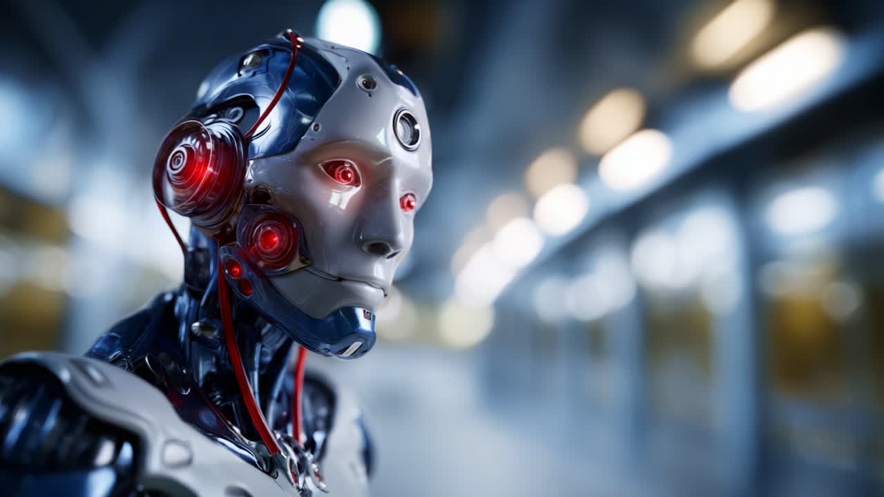 Modern bir ortamda gelişmiş teknoloji, yapay zeka ve karmaşık mekanik öğeleri sergileyen, detaylı tasarıma ve parlayan özelliklere sahip fütüristik robot