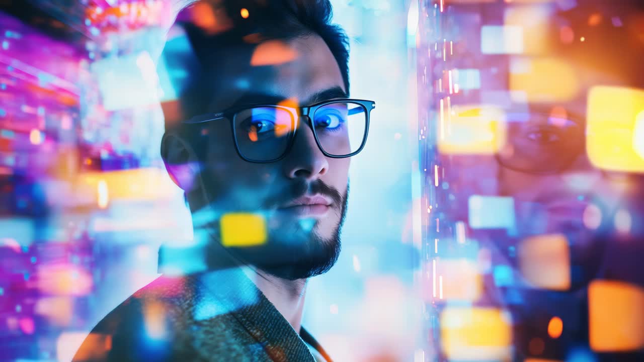 Profilo laterale di un uomo con gli occhiali, circondato da luci digitali colorate, che crea un'atmosfera futuristica.