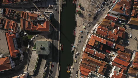 aerial top down shot over roundabound water canal, aveiro