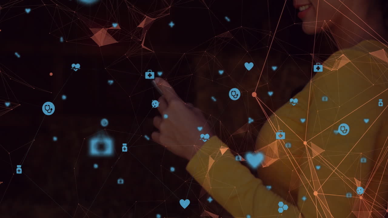 Woman wearing mustard top pointing forward, interacting with health icons over orange network lines