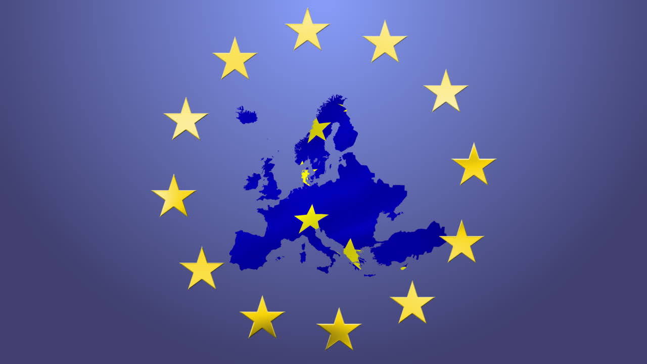 노란색 별들이 파란색 세계지도와 노란색 별들의 원으로 움직이는 애니메이션