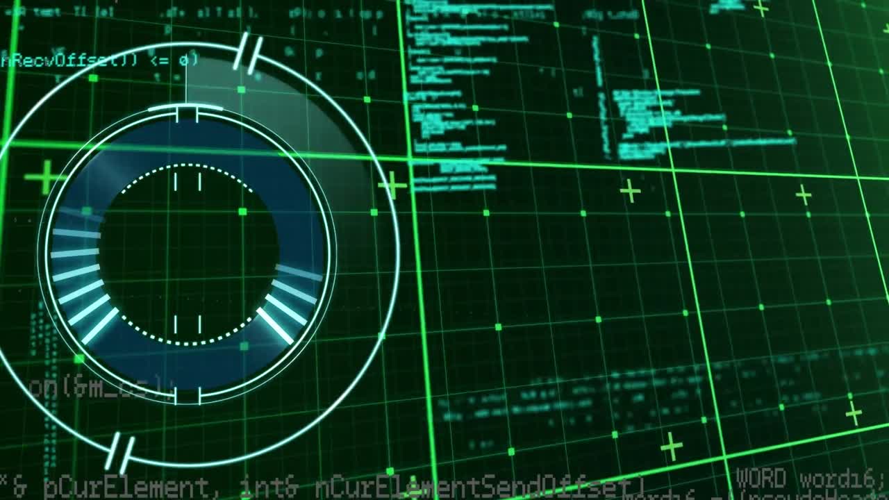 animación de círculos de carga sobre el patrón de cuadrícula contra el lenguaje informático en un fondo abstracto.