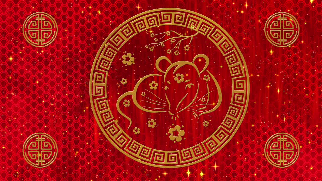 año nuevo lunar, fondo del festival de primavera con rata dorada, estrellas brillantes y nubes. año nuevo chino telón de fondo de papel rojo para el evento de vacaciones. animación de renderización 3d. bucle sin costuras 4k video