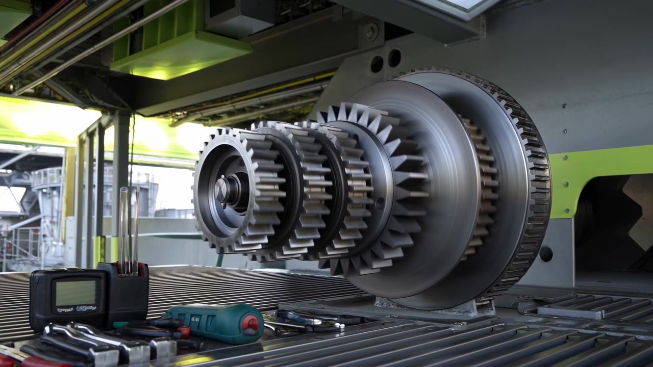 Close side view of large metallic gear assembly inside industrial machine, with hand tools resting on ribbed work surface in foreground and clean factory interior surrounding precision components