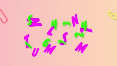 Digital-animation-of-multiple-numbers-and-alphabets-floating-against-pink-background