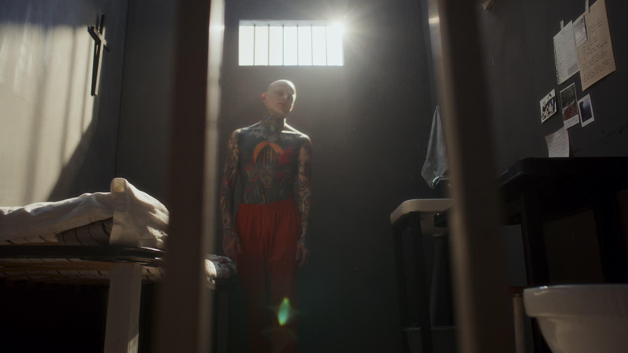 Shirtless Tattooed Inmate Wandering around Prison Cell on Boring Day