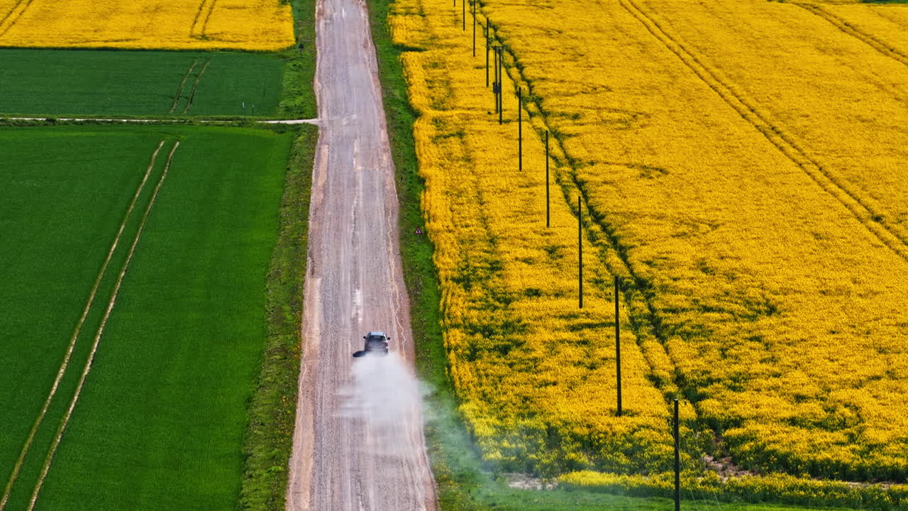Road trip car empty road rural aerial drone behind the vehicle countryside