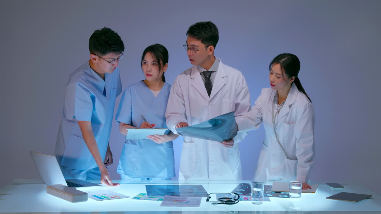 Clinic therapist talking with colleagues about disease. Professional expert doctor talking with medical staff having meeting holding radiography x-ray. Healthcare, medical and radiology.