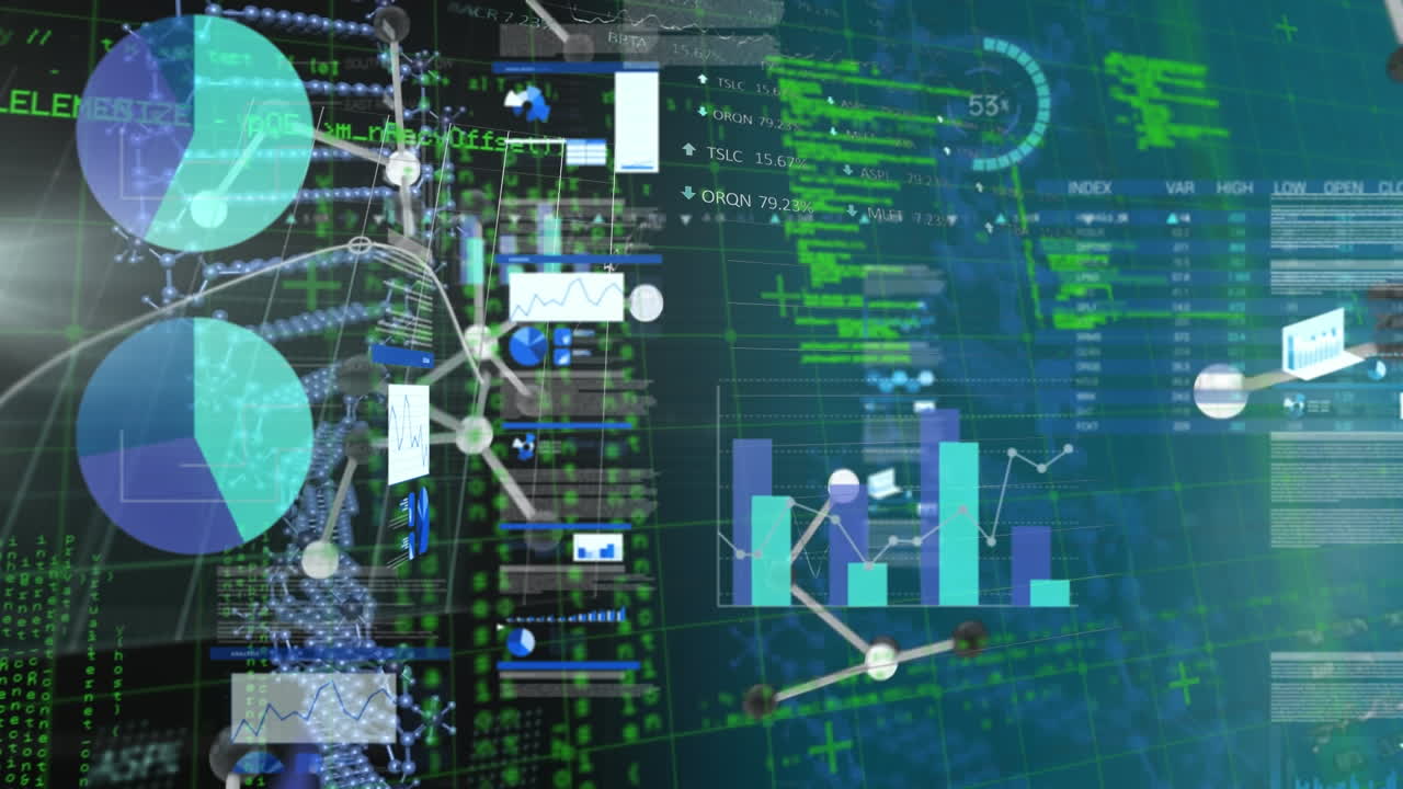 Animation of molecules and data processing over dna strands on black background