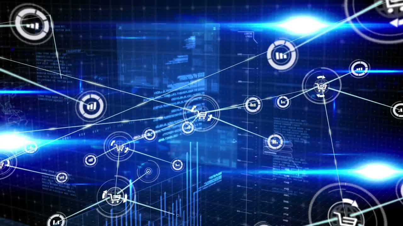 conectores en movimiento y datos digitales en fondo azul