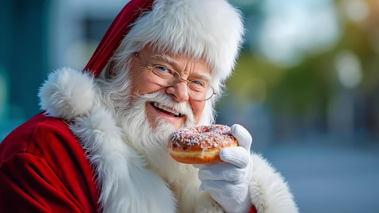A man dressed as Santa Claus holding a donut in his hand