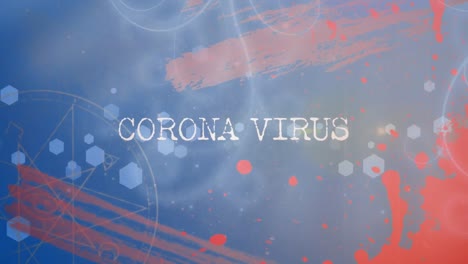 animation of corona virus text over red and blue pattern on blue background