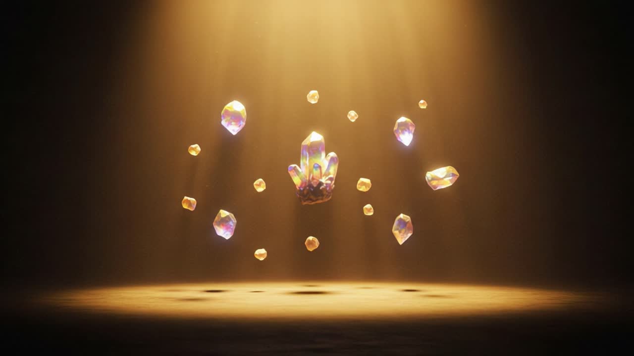 A mesmerizing arrangement of radiant crystals illuminated by soft golden light, showcasing their intricate facets and vibrant colors in an enchanting display of beauty and elegance