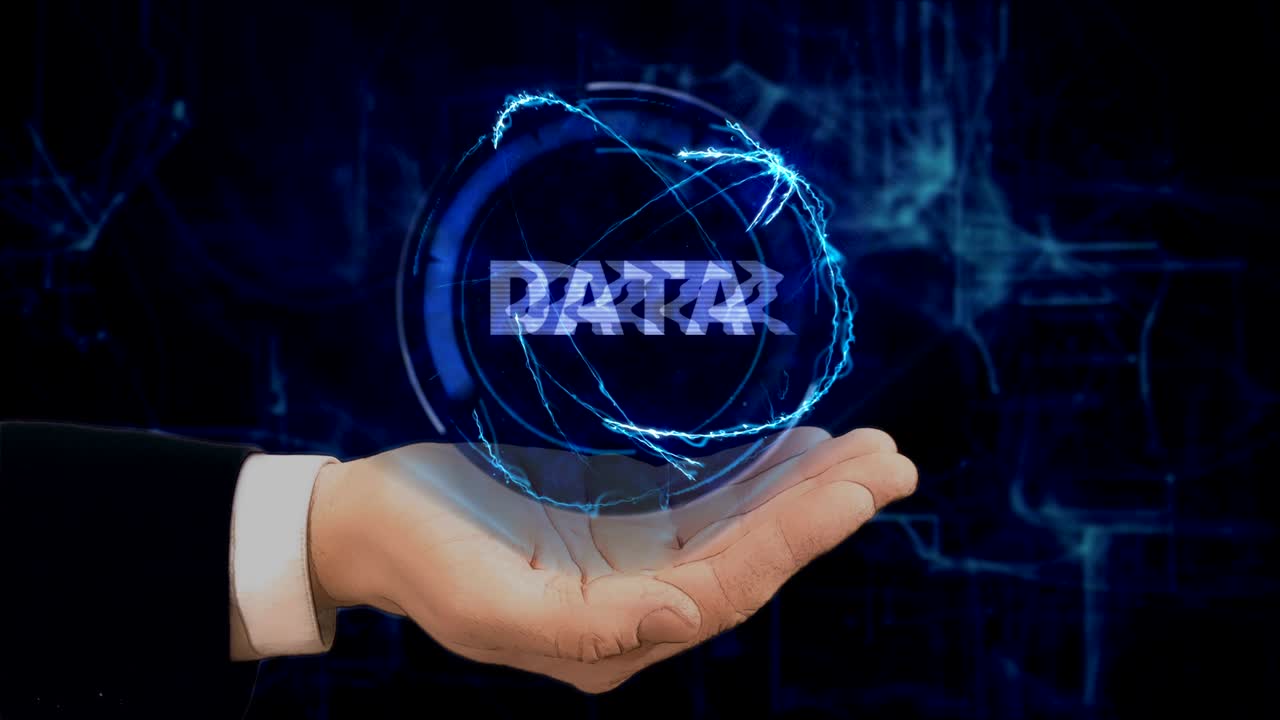 Painted hand shows concept hologram Data on his hand