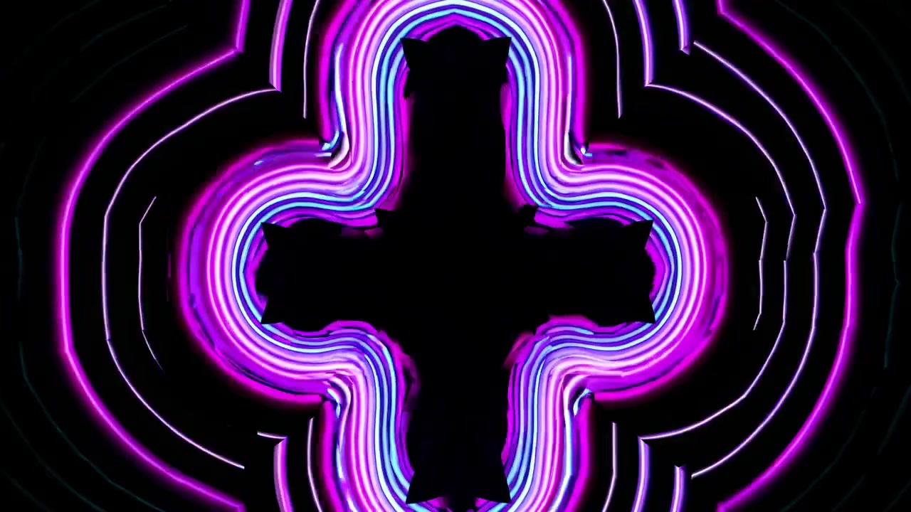 Forma a croce al neon pulsante con onde di luce astratte