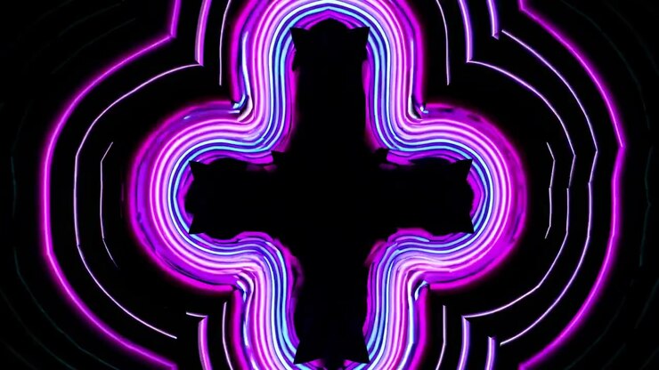 Pulsing Neon Cross Shape with Abstract Light Waves