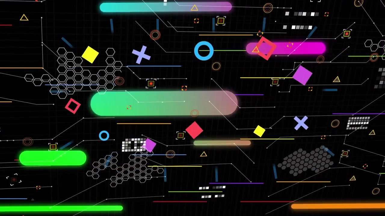 Animation of multicolored bars, geometric shaped and abstract pattern over black background