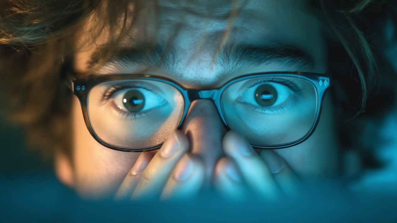 Intense Expression of Fear and Surprise: A Close-up of a Person with Glasses Reacting to a Sudden Revelation or Thrilling Moment While Watching a Screen