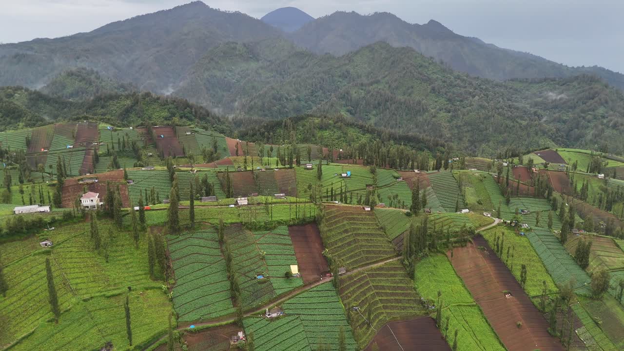 Aerial drone view of rural hills mountains countryside in east java indonesia
