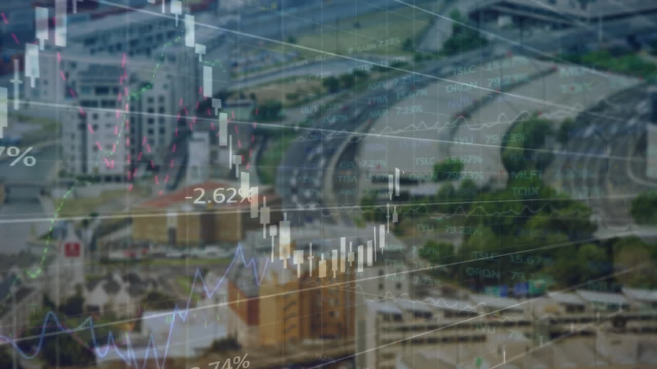 animación del mercado de valores y procesamiento de datos sobre el paisaje urbano