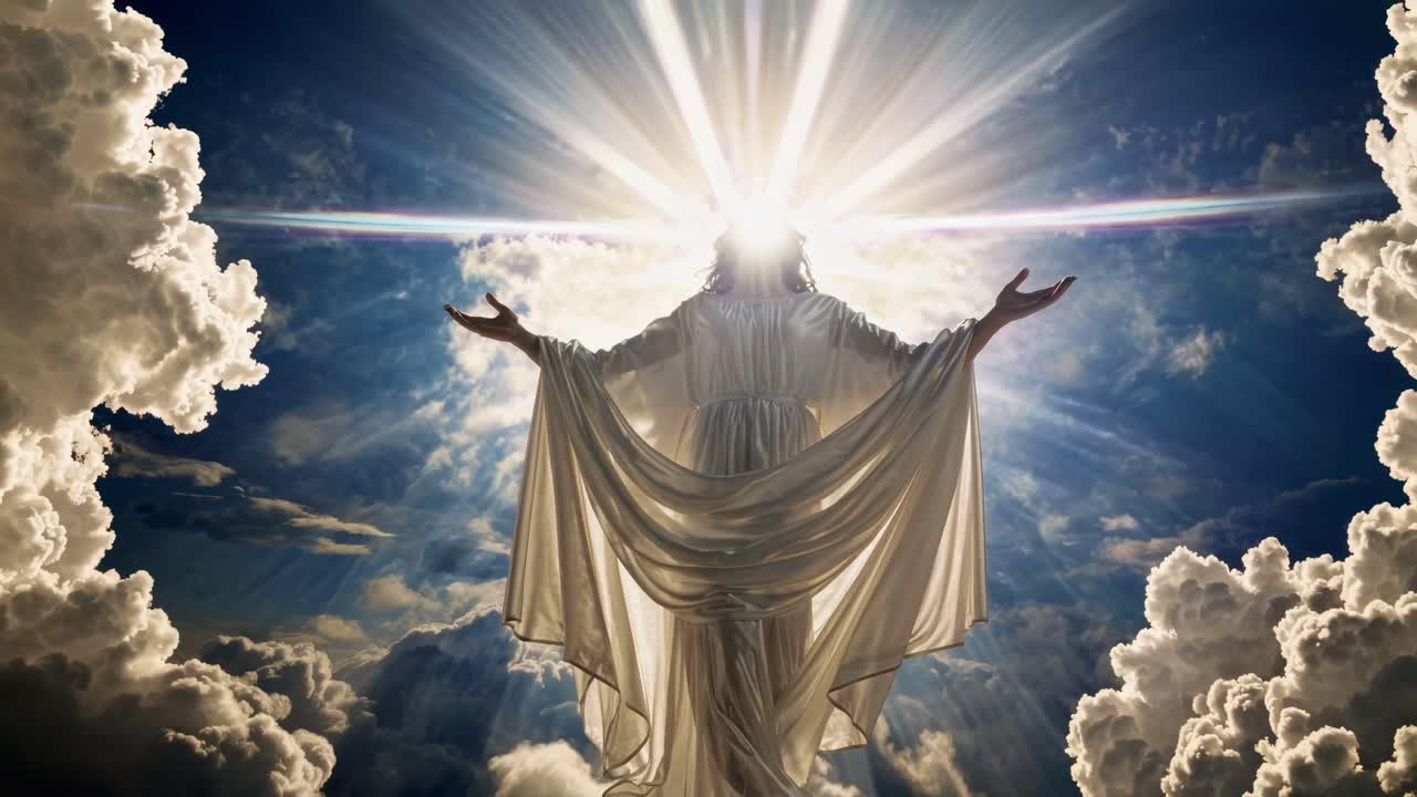 Video drammatico di una figura con una veste bianca che ascende tra le nuvole, ripreso da una bassa angolazione.