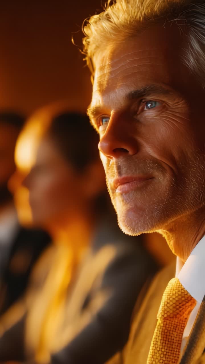 Focused Man in Business Meeting: Close-Up on Confident Executive's Profile with Warm Lighting and Engaged Audience in the Background