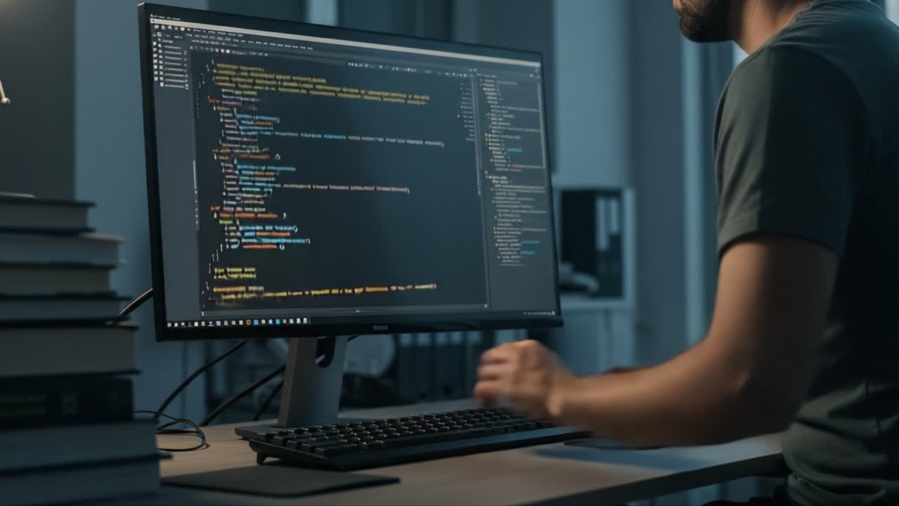 Engaged in Coding: A Programmer Concentrates on Complex Algorithms and Code Structure at a Modern Workspace With Books in the Background