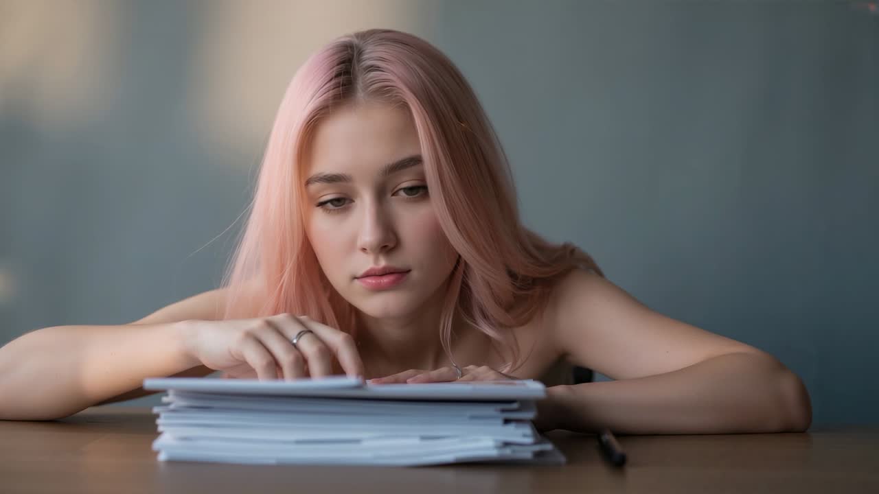 木製のテーブルで、ノースリーブのトップスを着た女性が前かがみになり、ペンを傍らに書類をめくって確認している。