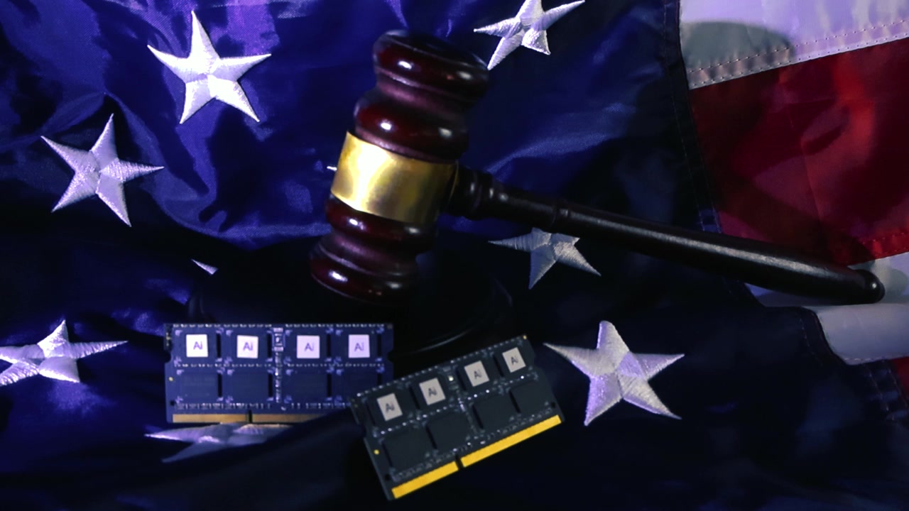 Concetto di legge americana e regolamentazione dell'intelligenza artificiale che mostra un martelletto di legno e chip di memoria del computer con il logo AI su una bandiera nazionale degli Stati Uniti