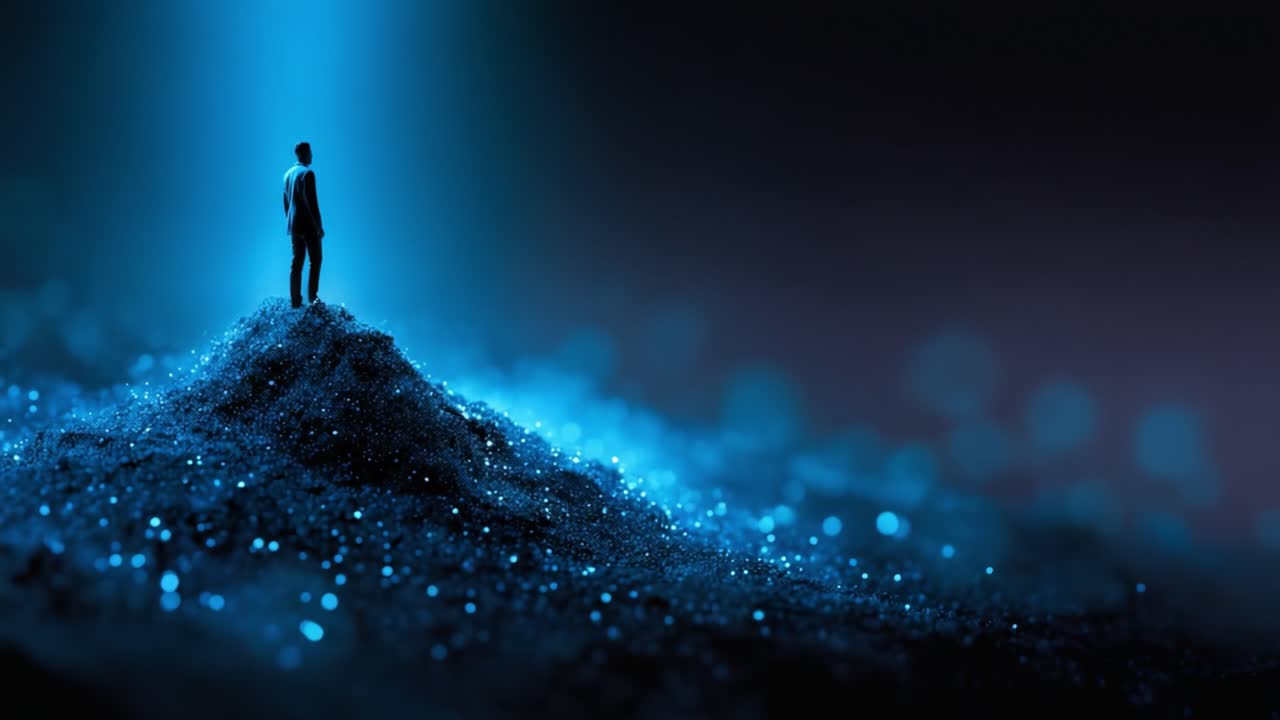 A solitary figure stands atop a mystical blue illuminated mound, surrounded by shimmering particles that create an ethereal, dreamlike atmosphere of exploration