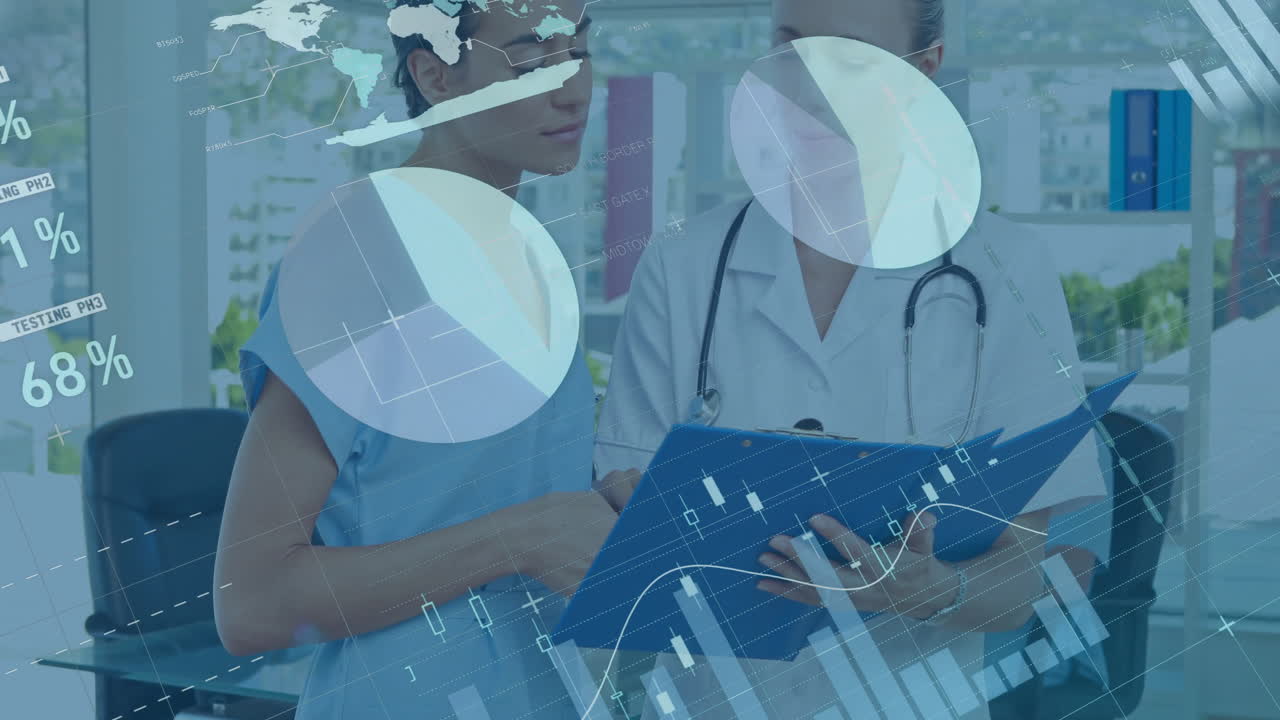 Animation of data processing and diagrams over diverse female doctors talking in hospital