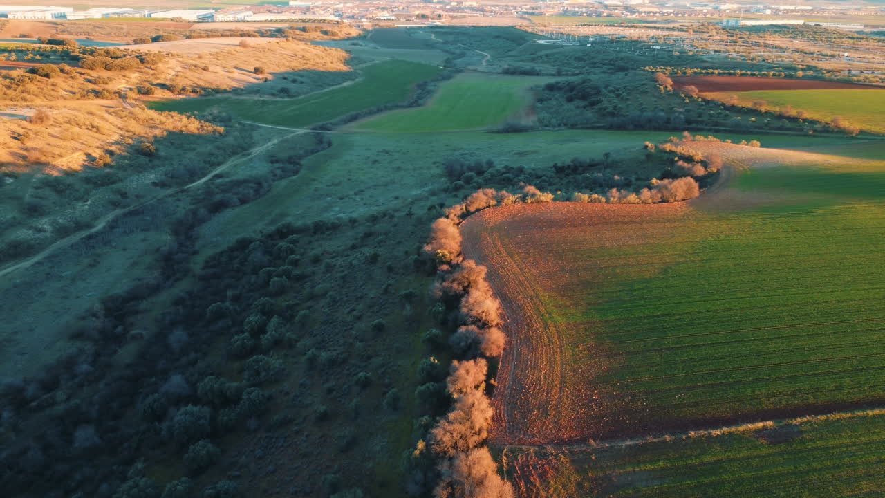 vista aérea de campos agrícolas y colinas al atardecer