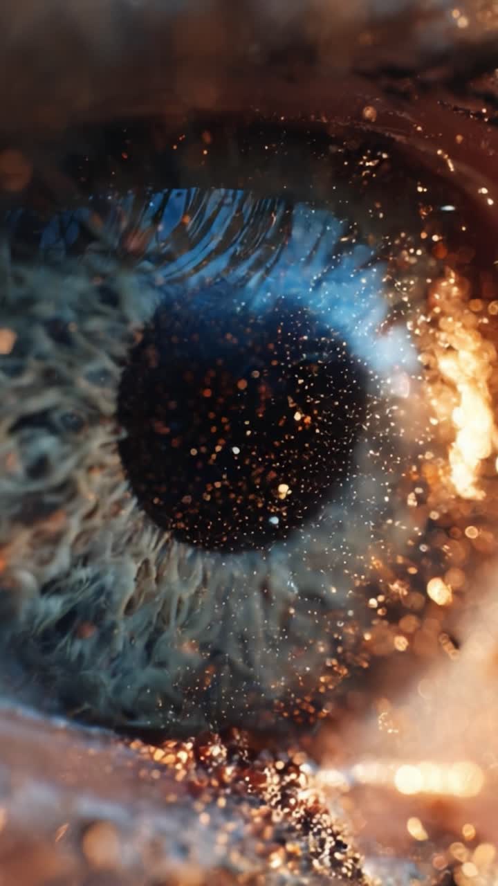 Uno straordinario primo piano di un occhio che cattura i dettagli intricati, le particelle scintillanti e i colori vivaci che si riflettono in una sfavillante esibizione di bellezza ottica