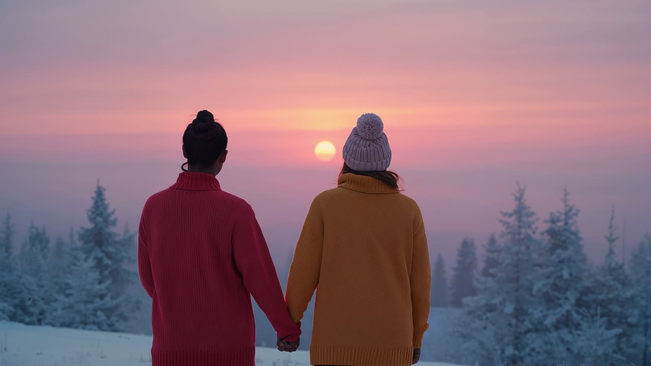 Sunrise inspiring two women emerging on snowy hillside, holding hands in red and mustard sweaters