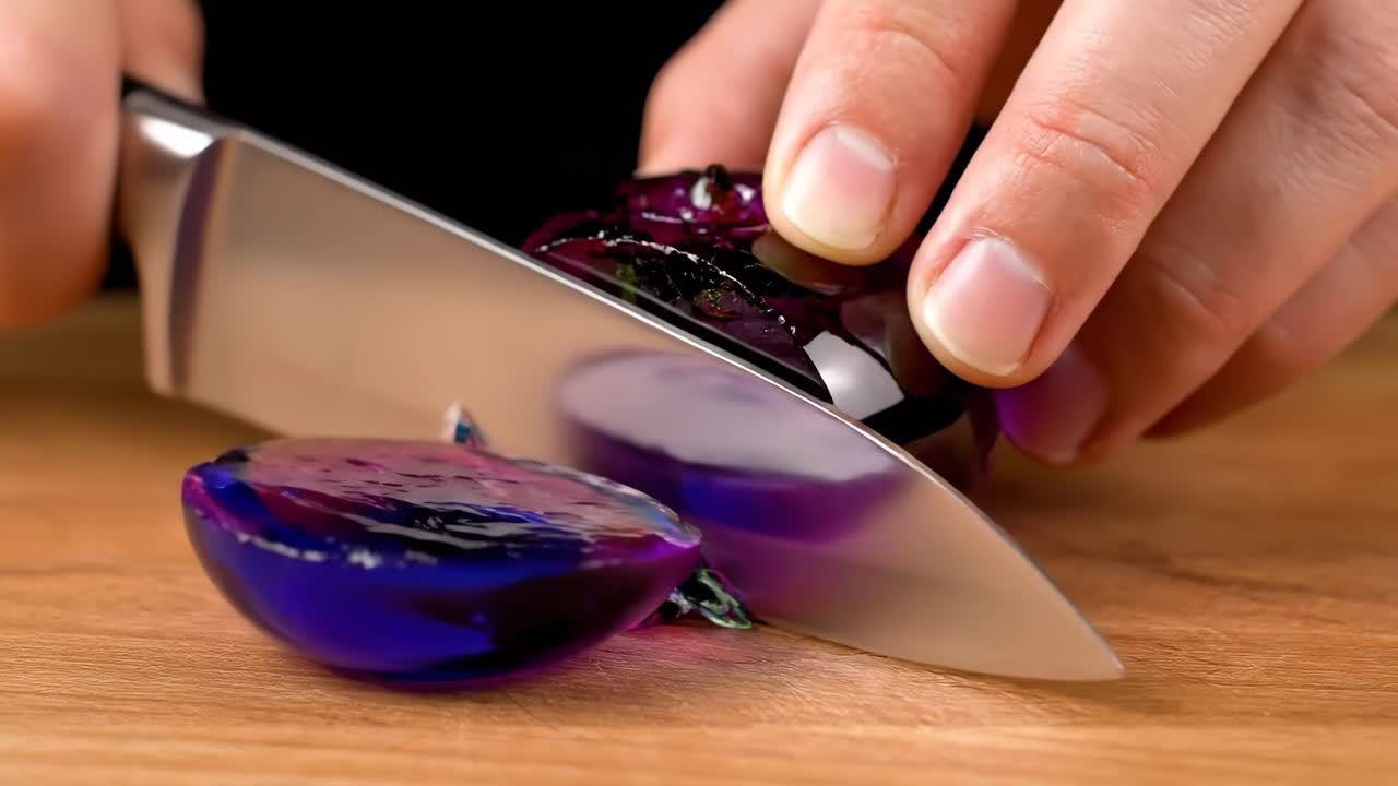 Cutting a purple dessert with a knife