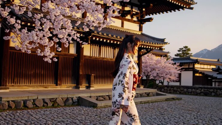 Una serena scena video di una donna in kimono che cammina davanti a un edificio tradizionale giapponese