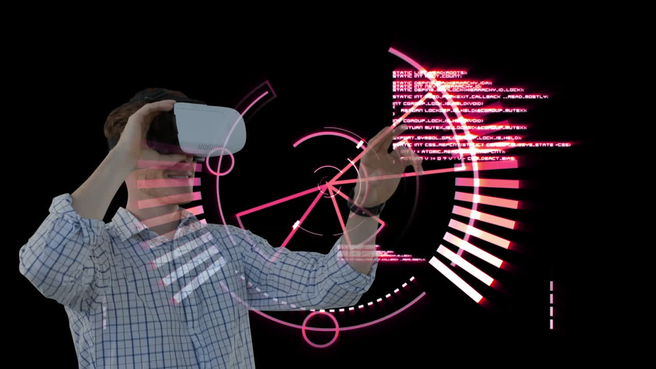 Using virtual reality headset, man interacting with futuristic animation of pink graphics
