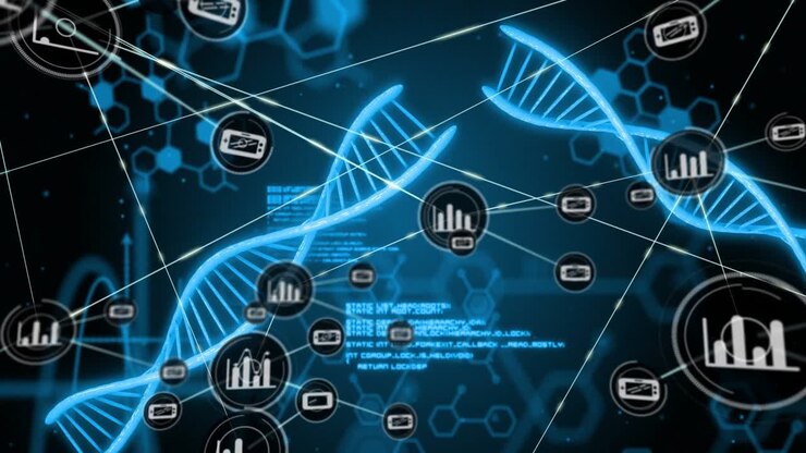 Glowing DNA helices expanding to bio network, rect node appearing and nodes linking, mapping data
