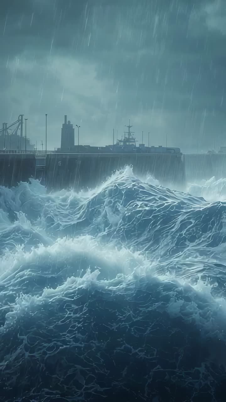 Vertical video: Crashing ocean swells pounding concrete breakwater at harbor, driven by strong wind