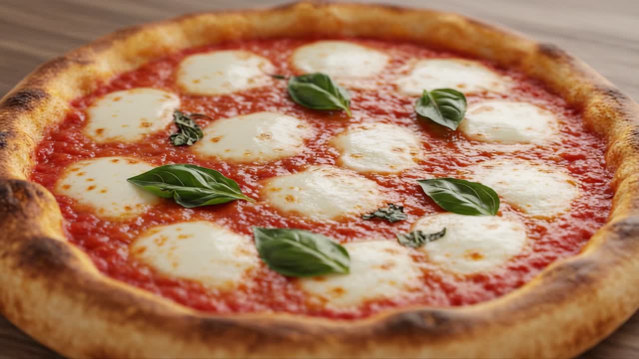 A Delicious Close-Up of a Freshly Baked Margherita Pizza with Melted Mozzarella, Vibrant Tomato Sauce, and Fresh Basil Leaves on a Crispy Crust