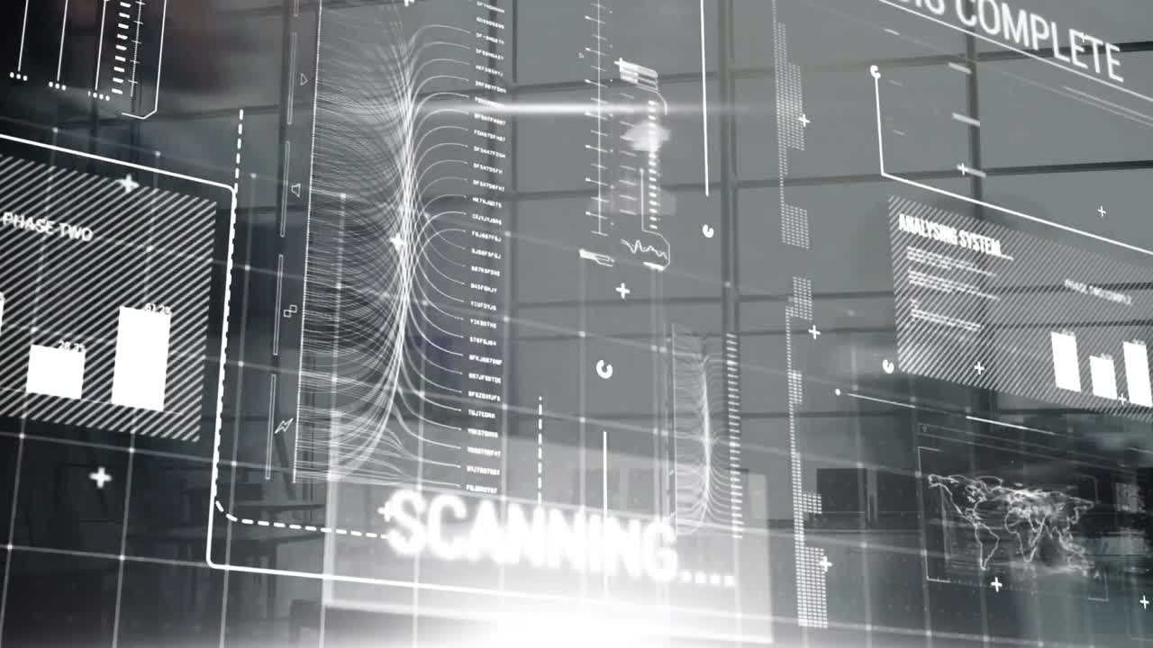 interfaccia digitale con elaborazione dei dati contro le persone che camminano in ufficio