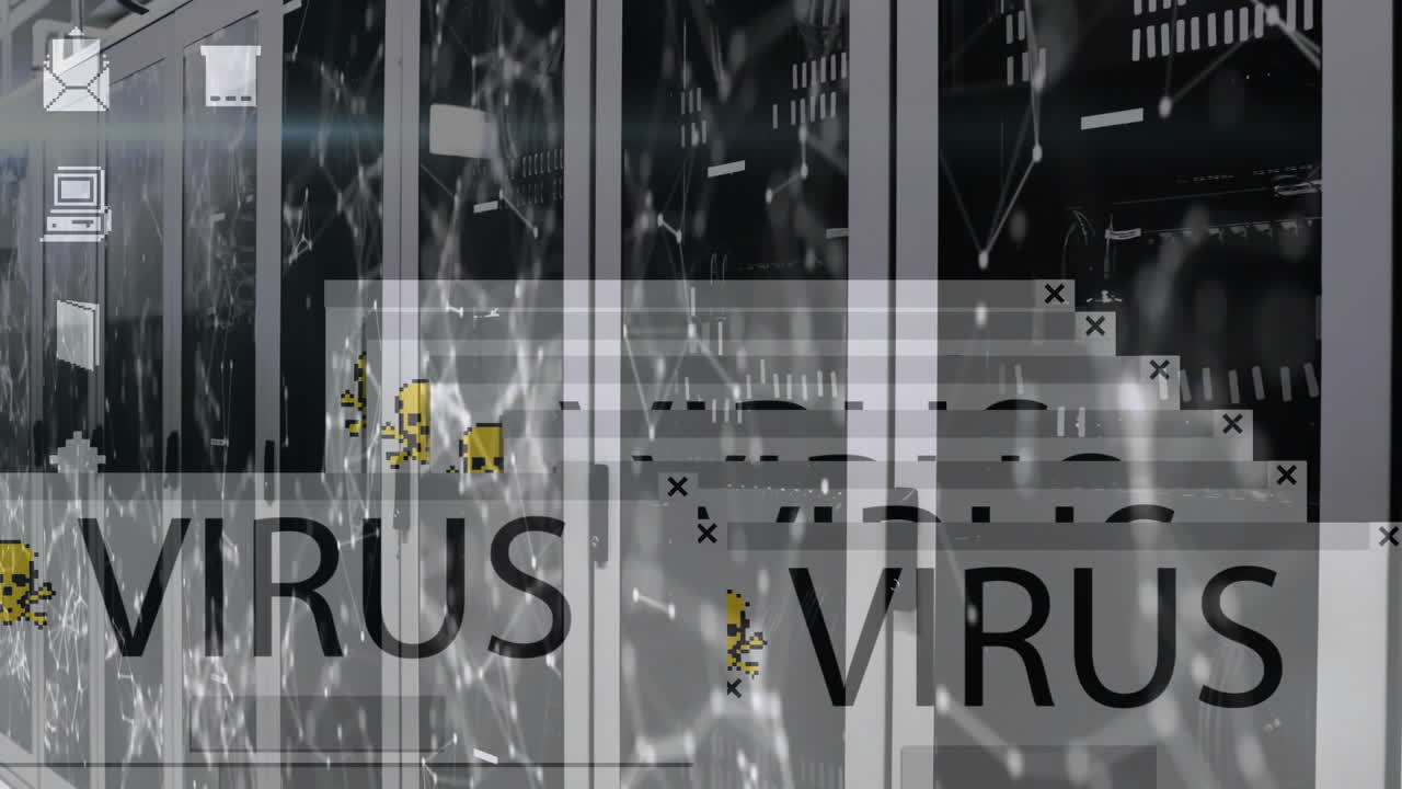 анимация предупреждения о вирусах на компьютерных серверах с эффектами сбоев