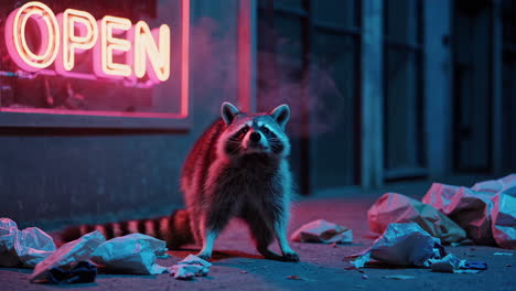 raccoon searching for food at night in neon-lit city street