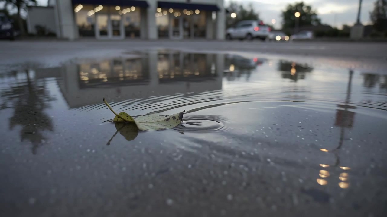 Et enslig gulgrønt blad driver over en vanndam med refleksjon fra en opplyst butikkfasade, krusninger fra brisen
