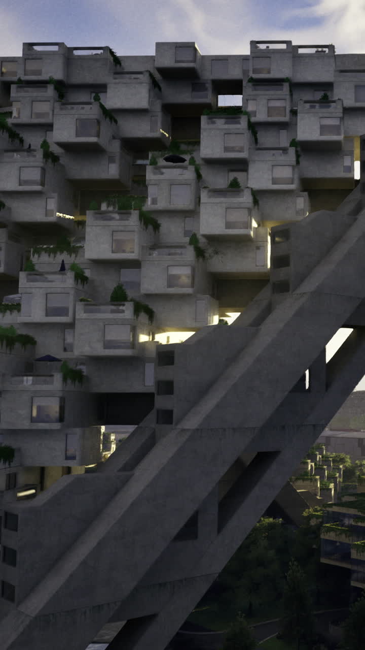 L'architettura moderna in cemento si fonde con la natura in uno splendido paesaggio urbano.