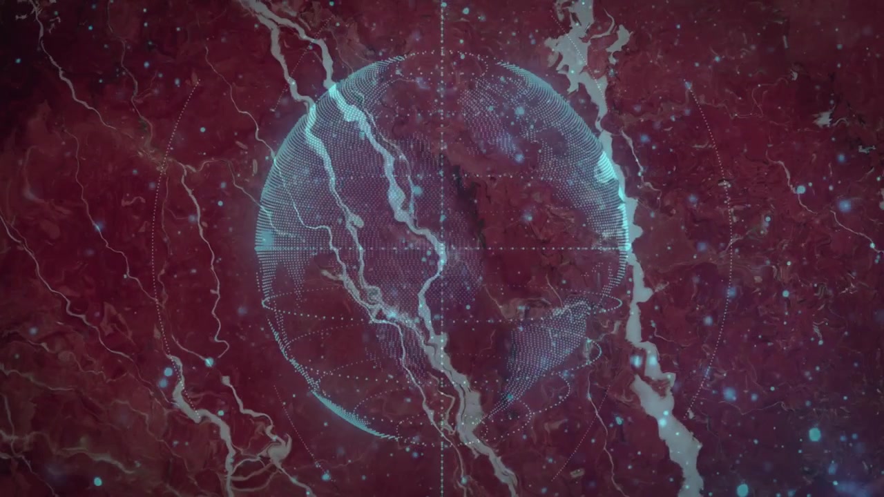Cyan sphere emerging rotating grid pulsing orbits, arcs showing energy against maroon fractal